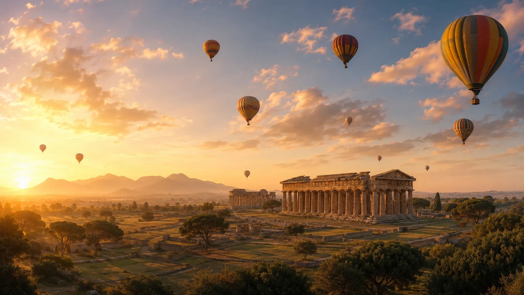 Mongolfiere sopra i Templi di Paestum al tramonto durante il Paestum Balloon Festival