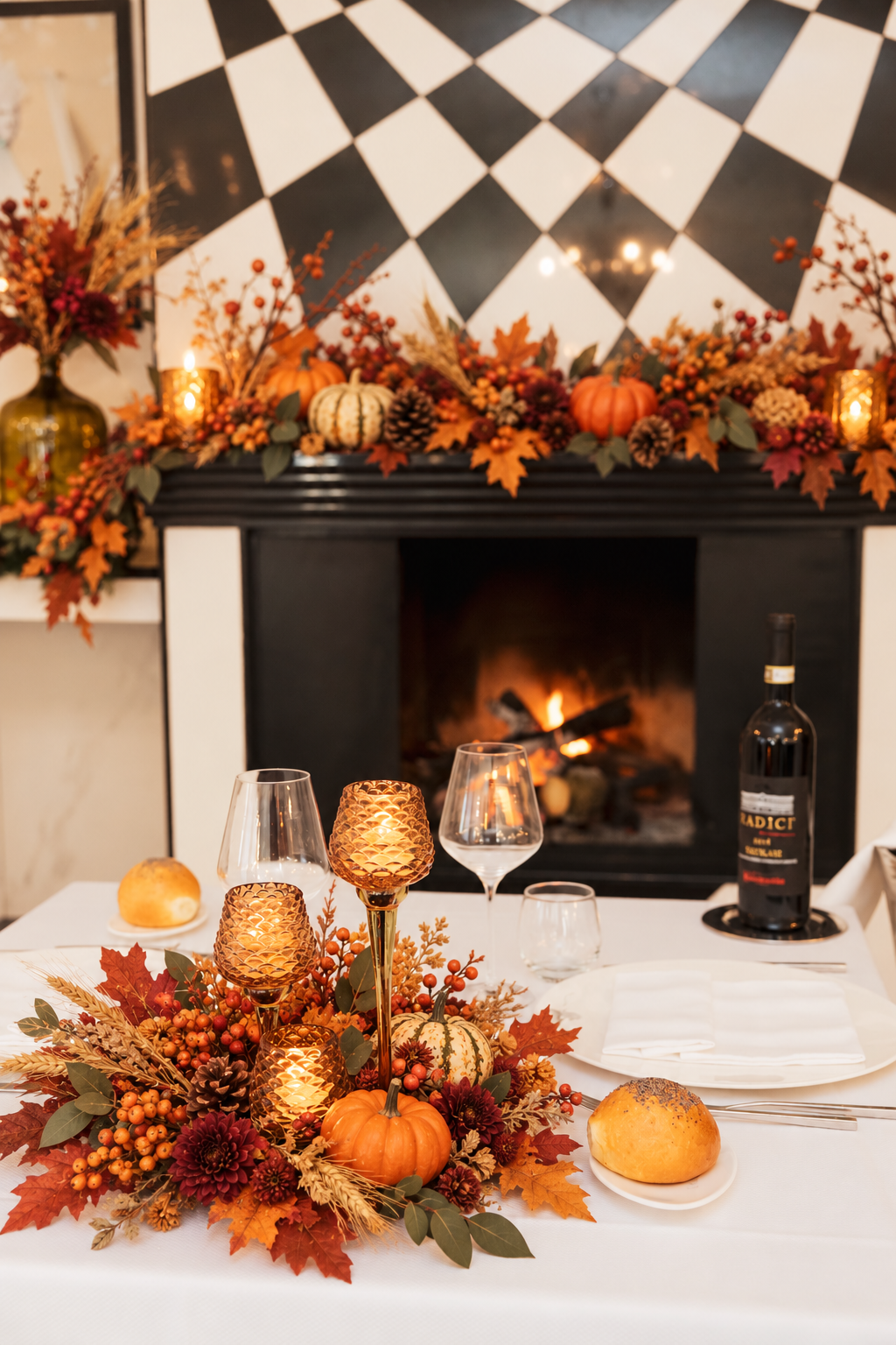 Tavola autunnale con zucche, candele e camino per la cena di Halloween